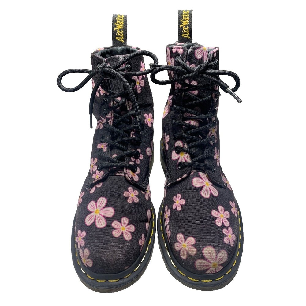 Dr. Martens Page Meadow Floral Canvas Boots Black Pink Women's Size 7 EU 38